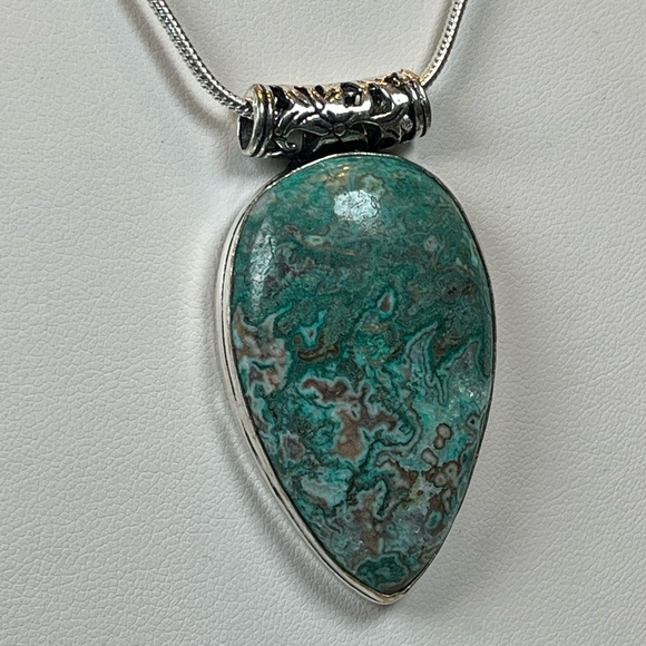 Artisan Jewelry - 925 SILVER OVERLAY STATEMENT PENDANT MEXICAN LAGUNA LACE AGATE GEMSTONE